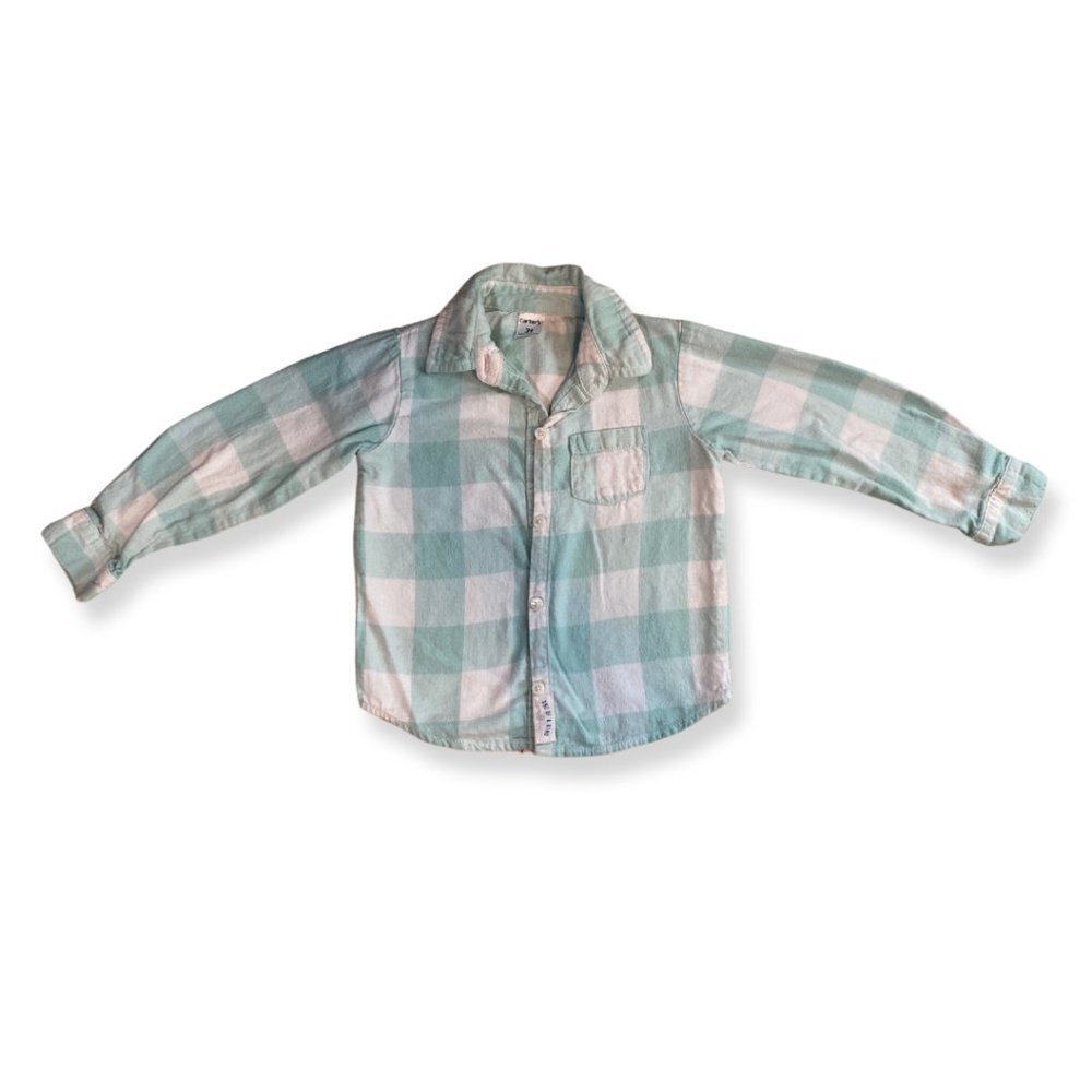 Carters Toddler Plaid Flannel Button Up Long Sleeve Shirt Light Blue Size 3T GUC